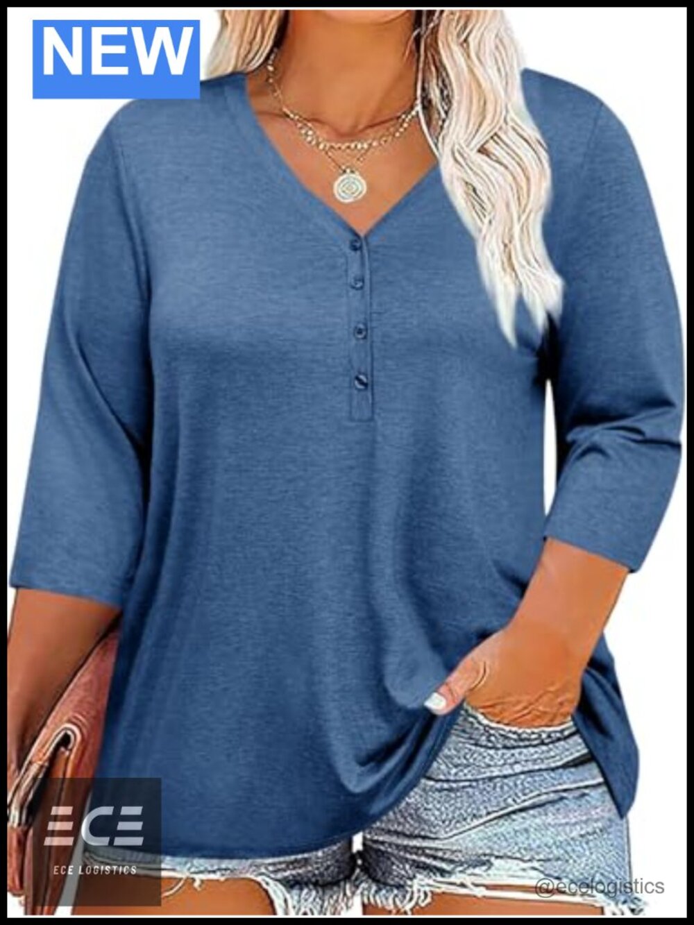 Women's Plus Size V Neck 3/4 Sleeve Henley Tunic Tee Casual Loose Fit Top